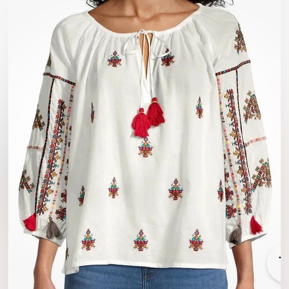 Velvet by Graham & Spencer Tops - Velvet by Graham & Spencer Nyssa Embroidered Tassel Tie Top - NWOT - Size XL